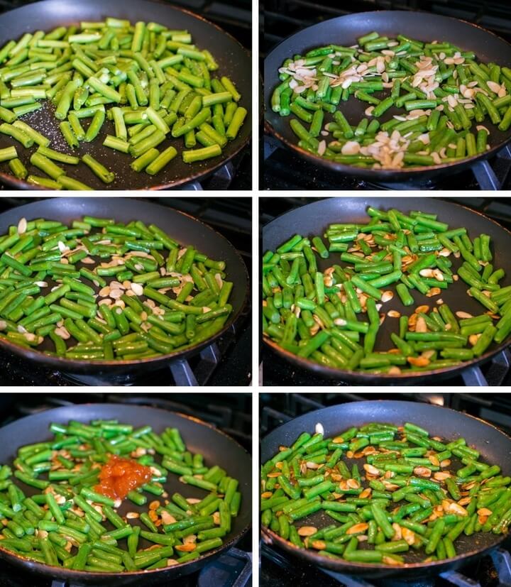 Steps to make apricot glazed green beans: once the green beans are bright green, almonds are added to the pan. After the almonds are a medium brown color, apricot glaze is stirred in.