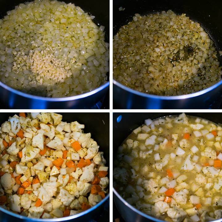 Collage showing steps for root vegetable soup: adding minced garlic to sweated onions; blooming spices; stirring in the chopped root vegetables; bringing to a boil with vegetable broth.