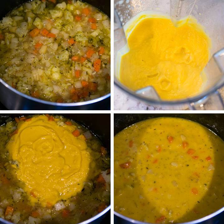 Steps to complete root vegetable soup: simmer until tender; puree half of the soup in a blender; add the pureed soup back to the bot and stir to combine.