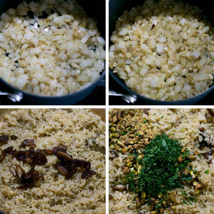 Collage of steps for making brown rice pilaf: saute the onion until golden brown; add garlic until browned; stir in chopped dates into fully cooked brown rice; garnish with chopped pistachios and herbs